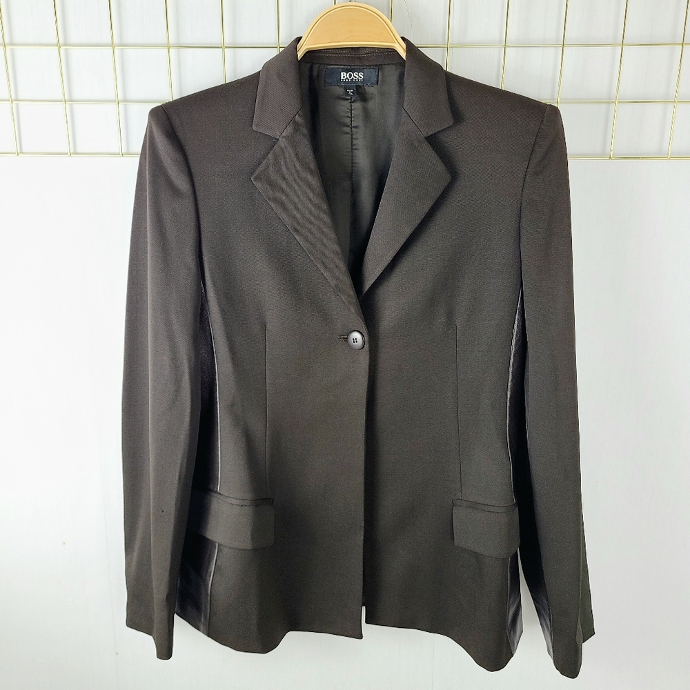 Boss Hugo Boss Dark Brown Virgin Wool Genuine Leather Trim One-Button Blazer